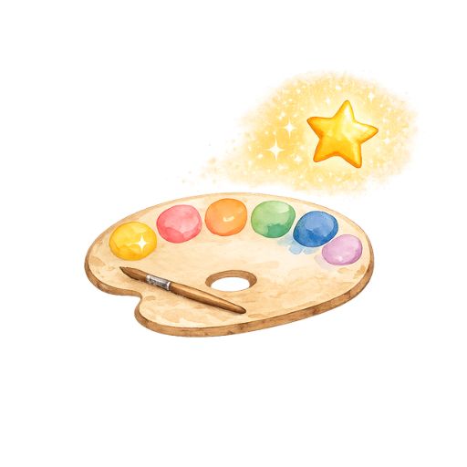 Aquarell Farbpalette mit Pinsel und bunten Farben, daneben leuchtender Stern als Symbol für kreatives Lernen