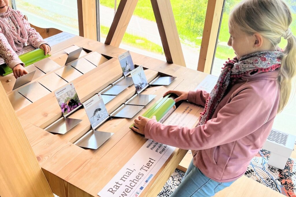 Kind löst interaktives Tierquiz in der Ausstellung des Naturparkhauses Kaunergrat im Pitztal.
