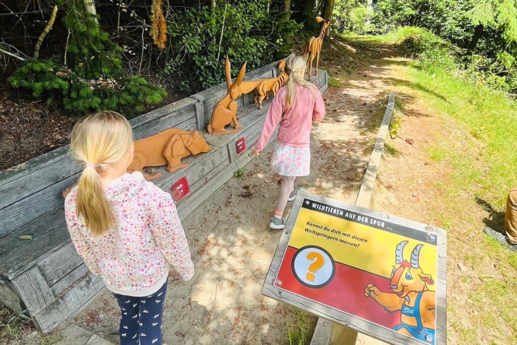 Zwei Kinder entdecken die Weitsprungstation mit Holzfiguren auf dem Waldtier-Erlebnis-Weg im Pitztal. Die interaktive Mitmachstation verbindet Bewegung mit Wissen über heimische Wildtiere.